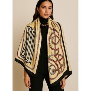 Designer Silk Scarf Beige Gold Red Navy Women’s Equestrian Print Chic Luxury